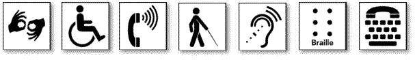 logos: braille, TTY, phone volume control,assistive listening device,  ASL, Wheelchair, white cane